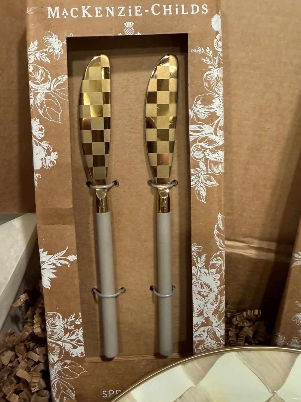 MacKenzie-Childs Mocha Check Serveware with Gold Accents